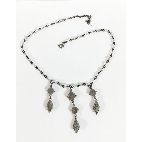Ben Amun Crystal Dangle Necklace Silver Toned White Colorless Beads Rhinestones - Picture 7 of 12